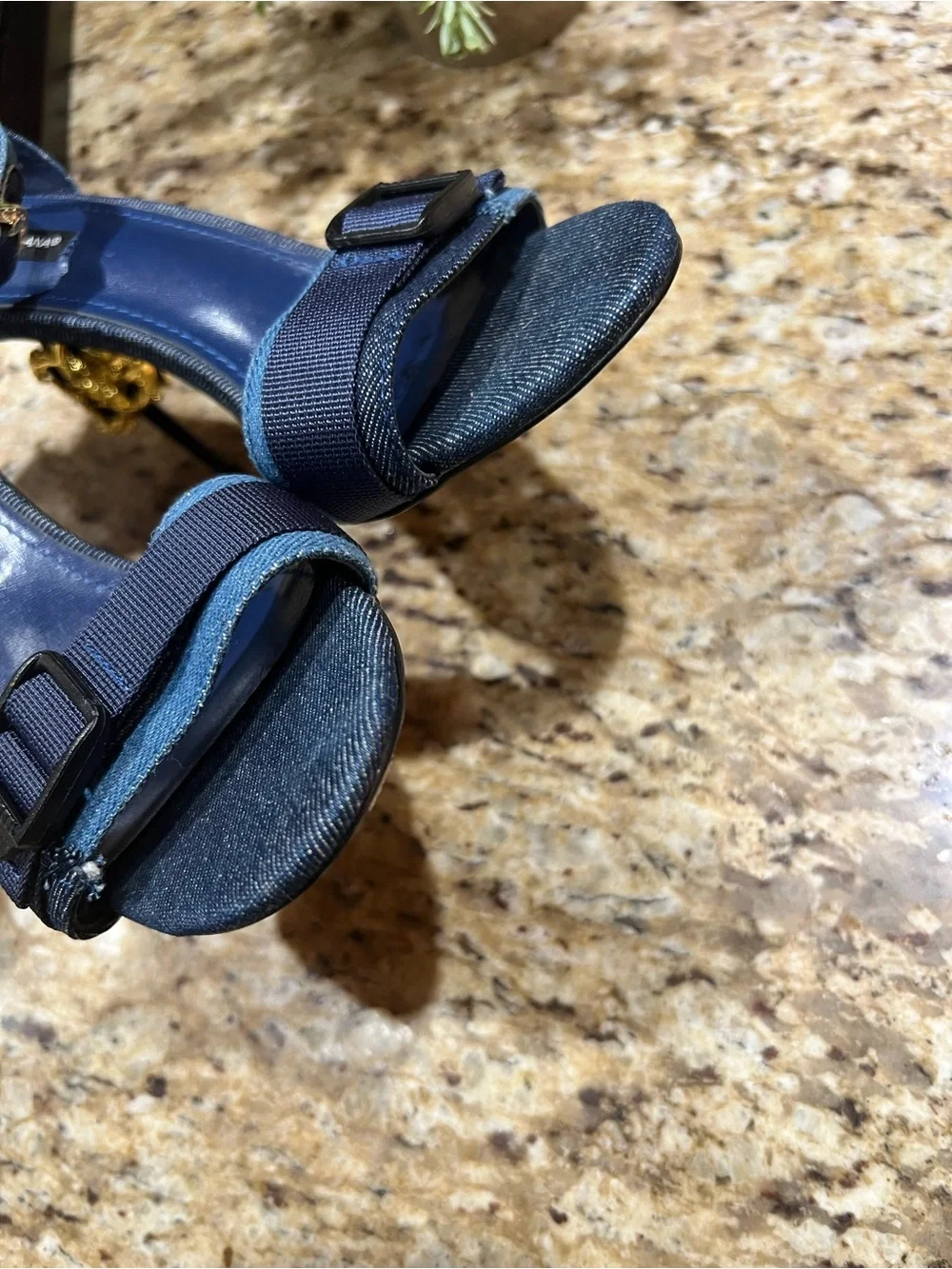 Dolce& Gabbana Patchwork Denim Sandals w/ Baroque DG Heels 40